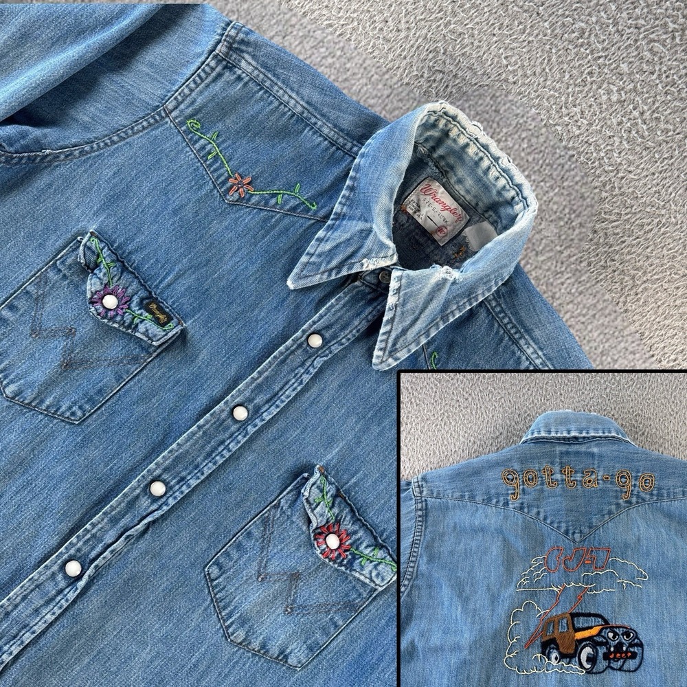 Vintage Wrangler Western Denim Shirt M Pearl Snap Hand Embroidered Jeep CJ-7 70s